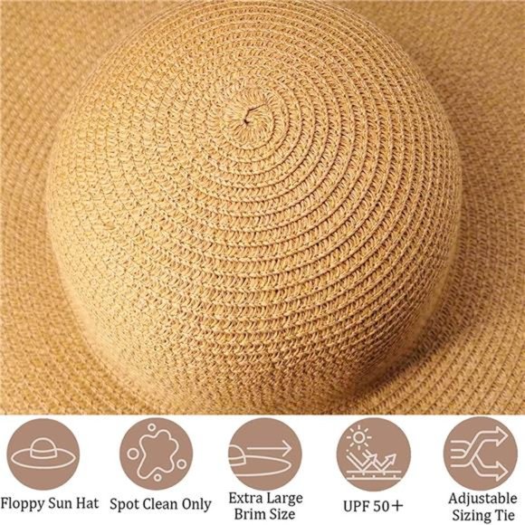 Oversized Beach Straw Wide Brim Visor Hats Handmade Roll Up Floppy Sun H… main image 6